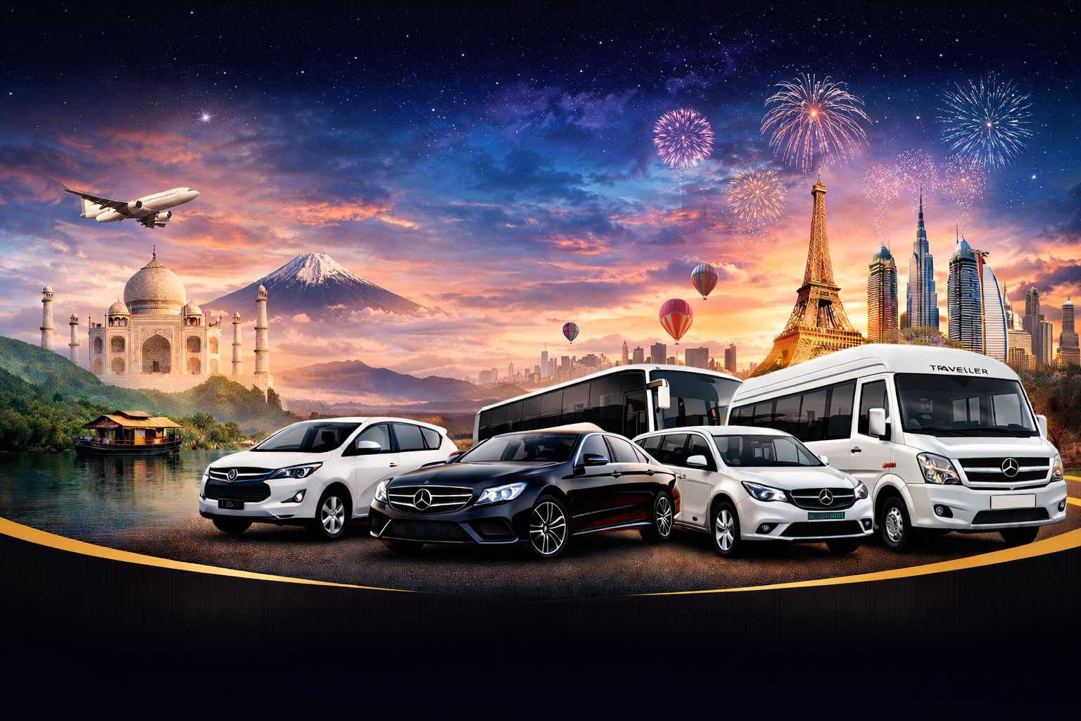 Luxury travel vehicles including tempo traveller, mini bus and cars with scenic destinations background