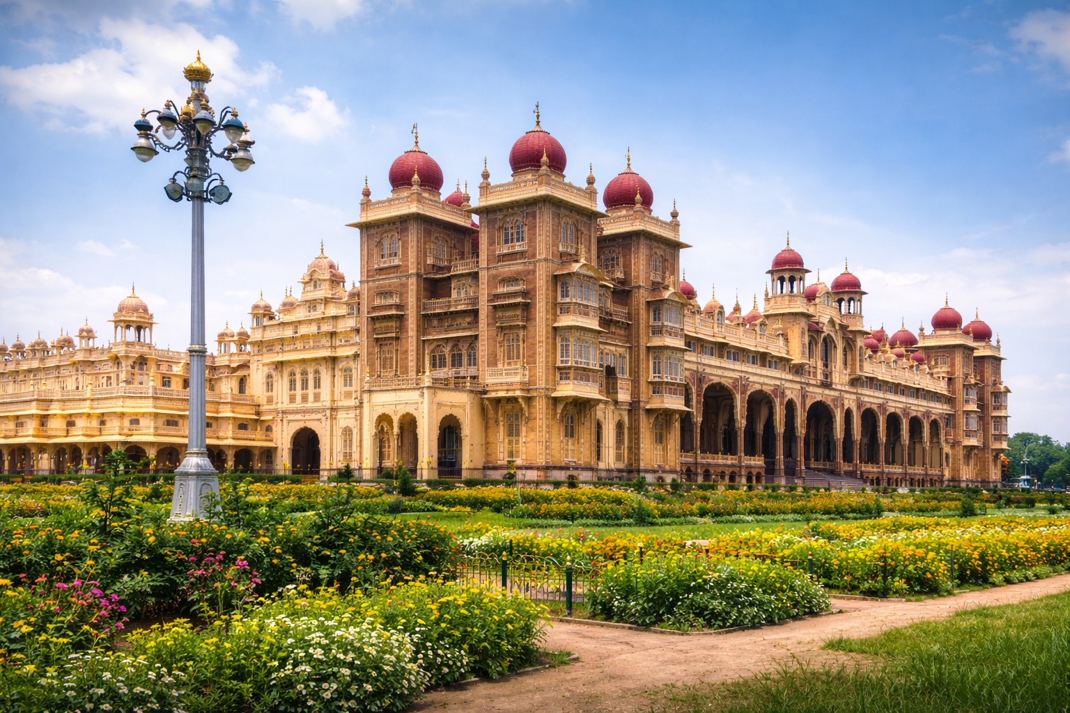 Mysore day trip taxi service featuring Mysore Palace with gardens and heritage architecture